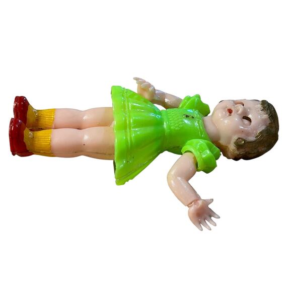 Vintage Creepy Doll Sleep Eyes Green Dress Halloween Toy 1950s Hong Kong - Picture 5 of 9